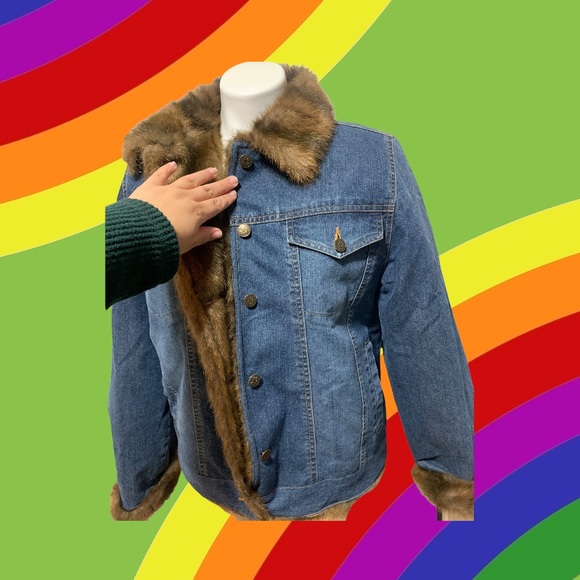 Vintage Marvin Richards Denim Jean Jacket Faux Fur - Picture 2 of 8